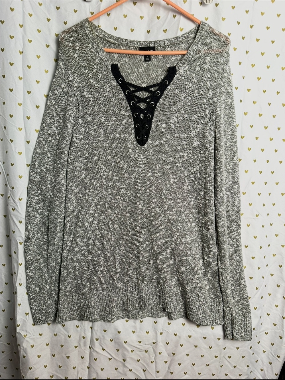 torrid Heather Gray Lace-Up Knit Sweater with Black Trim